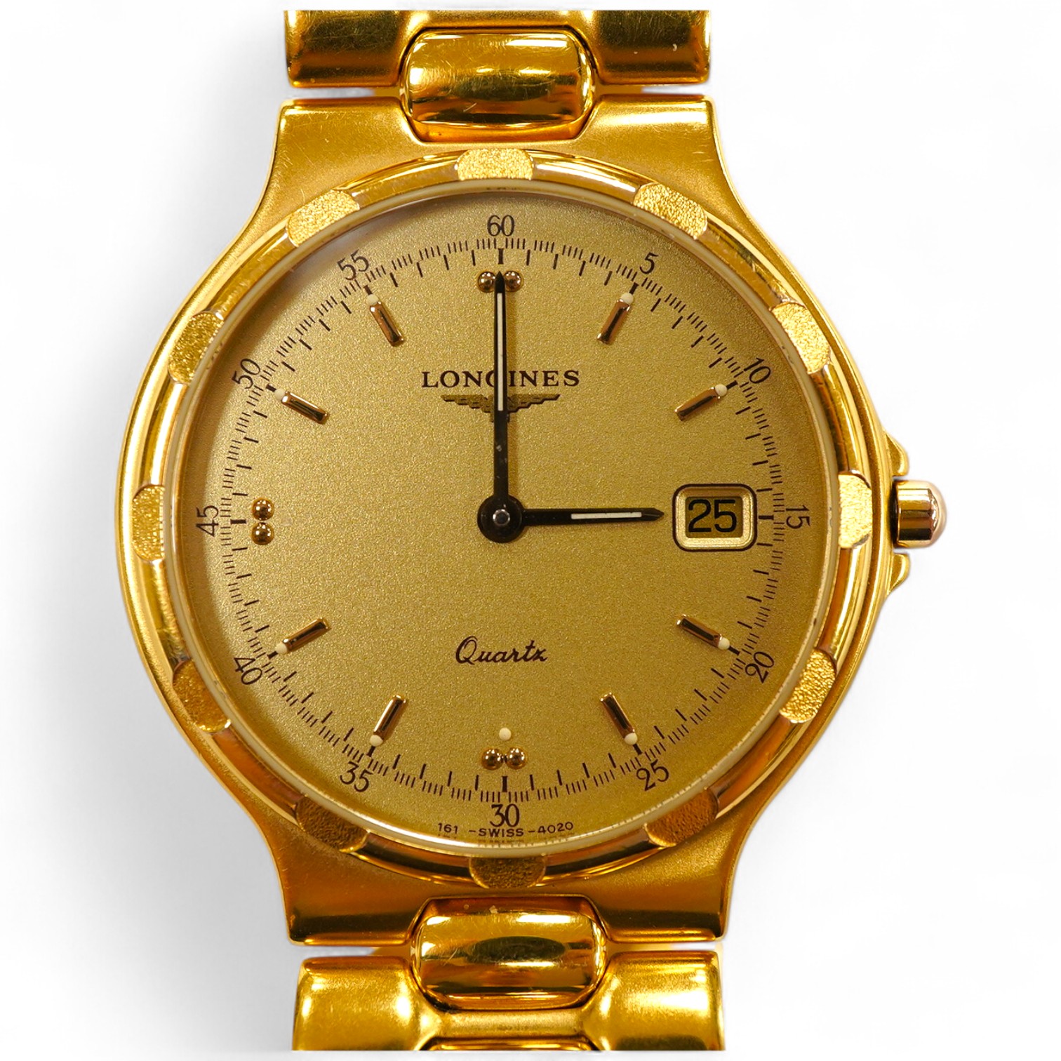 A gentleman's early 1990's stainless steel and gold plated Longines quartz wrist watch, with spare links and box, case diameter 34mm.
